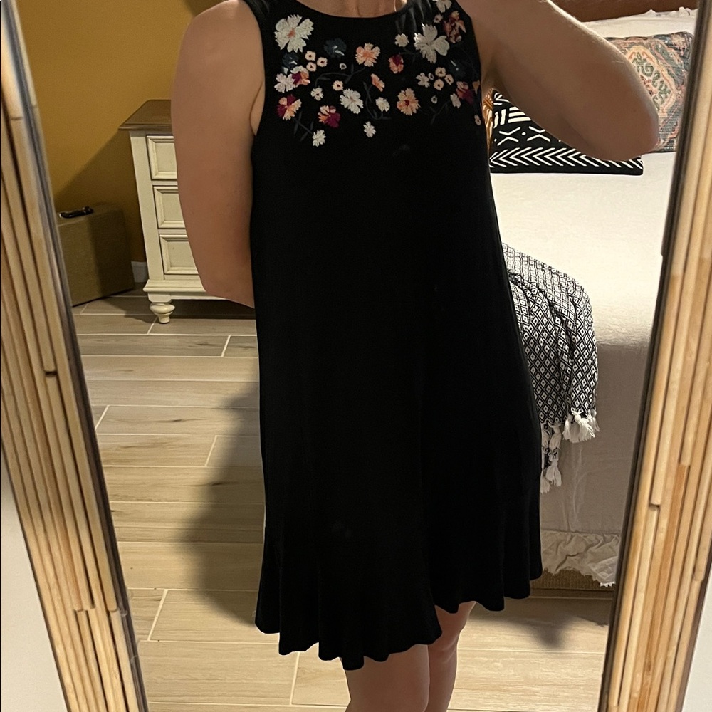 LOFT Black Sleeveless Mini Dress with Floral Embroidery